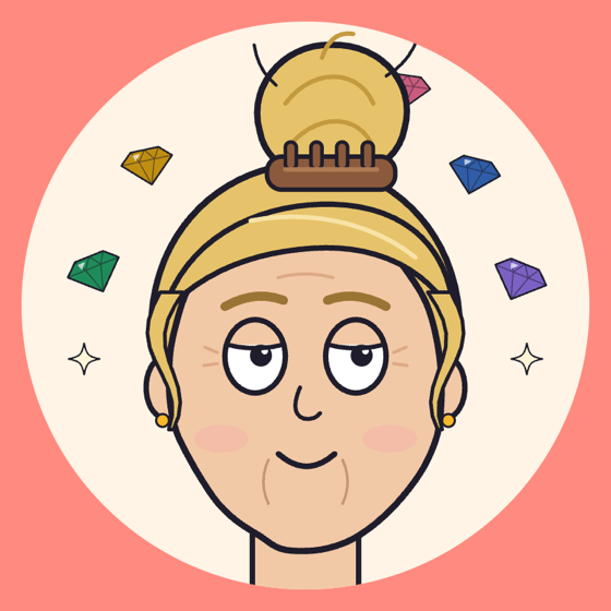 Mom Gems: a blond mom with a messy bun, surrounded by little gems